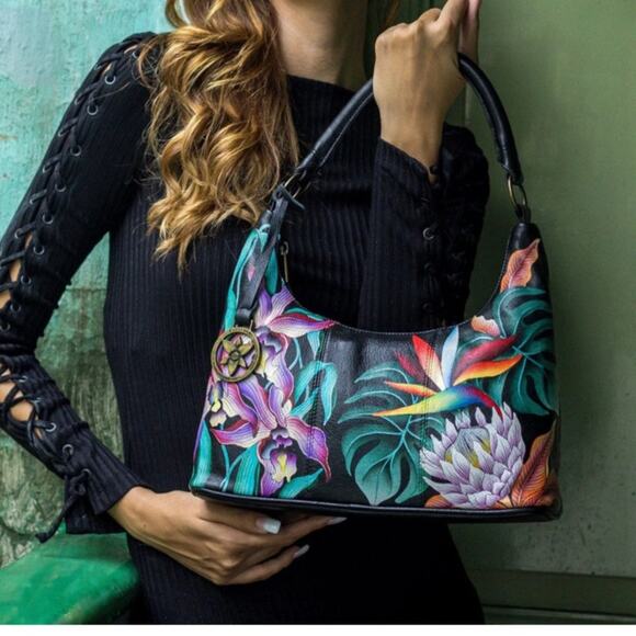 Anuschka Handbags - Anuschka Medium Zip Boho Island Escape Black Shoulder Bag